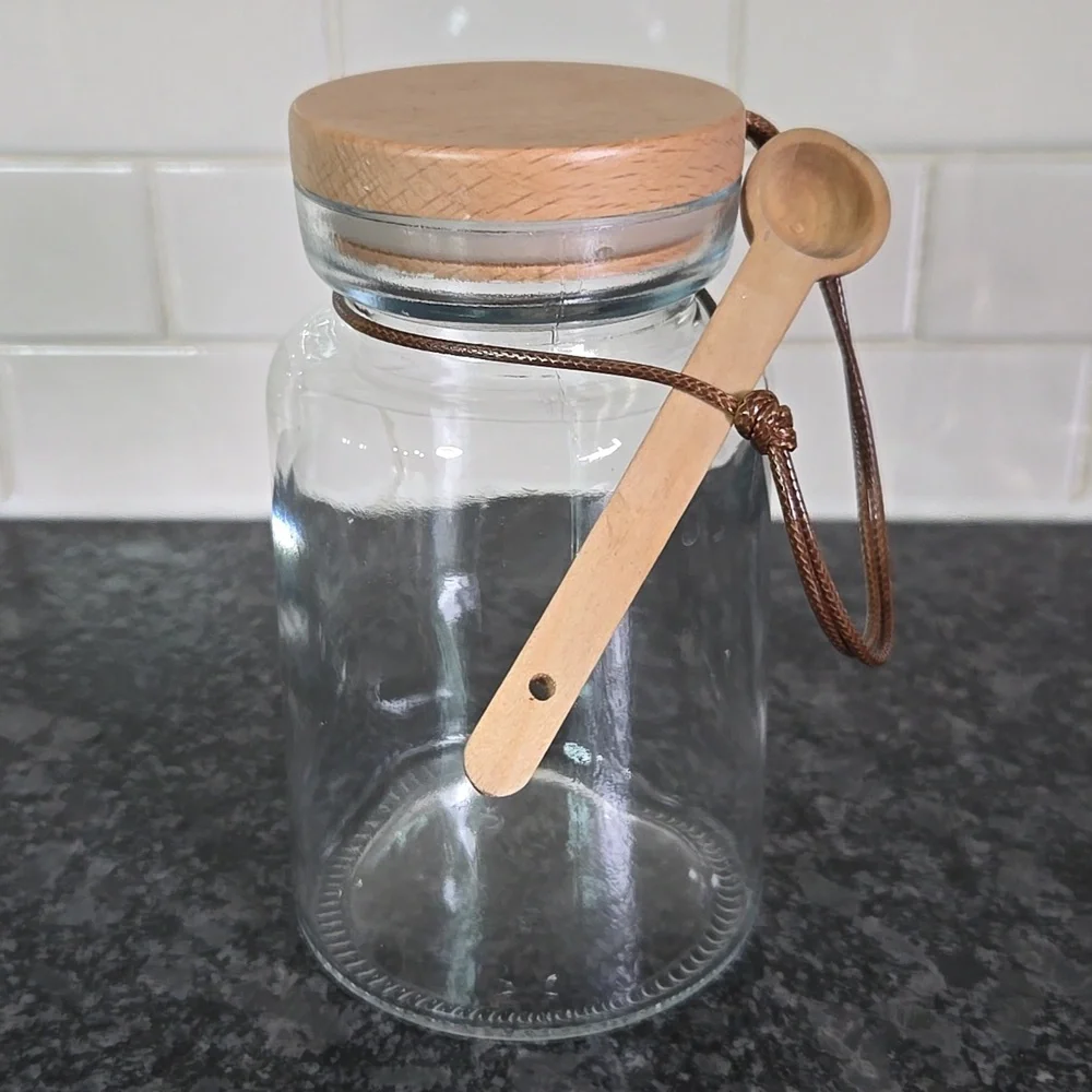 Target Brand Glass Bath Salt Jar with Wood Lid & attached Wooden Spoon
